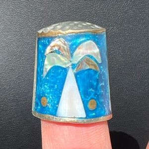 THIMBLE ABALONE INLAY Mexico Shell Inlay Palm Tree Hand Made Iridescent